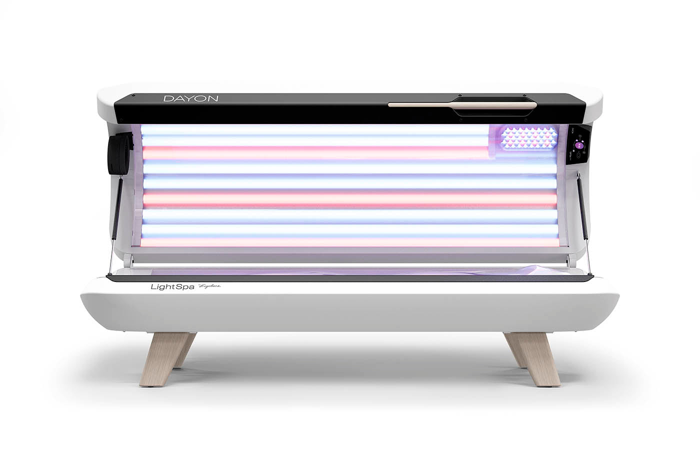 DAYON LightSpa Hybrid Heimsolarium mit frontaler Ansicht mit offenem Deckel