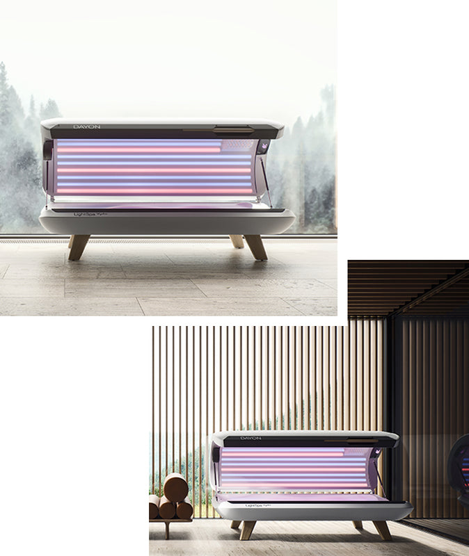 DAYON LightSpa Hybrid Collage aus zwei Bildern bei dem das Solarium für Zuhause mit dem geöffneten Solarium-Deckel in einem Designer-Ambiente steht