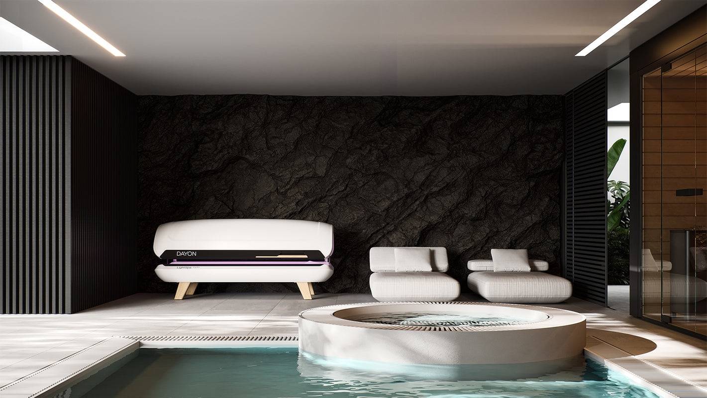 DAYON LightSpa Heimsolarium in einem stylischen Homespa-Ambiente mit Pool, Liegestühlen und Sauna