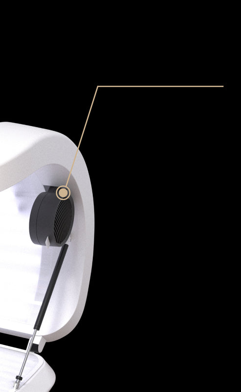 Close-up Ansicht des rechten, äußeren, oberen Ecks des DAYON LightSpa Hybrid Heimsolariums auf schwarzem Hintergrund, dass die Silent Cooling & Aroma Funktionalität in Form eines mini Ventilators zeigt